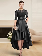 economico Lunghezza del tè-Abito A-Line da Madre della Sposa Abito da Sposa Elegante Alto Basso Collo a Gioiello Lungo fino al tè in Raso Pizzo Maniche Half con Nastro di Pizzo taglia personalizzata gratuita