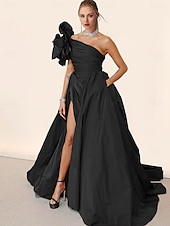 abordables ROUGE-Robe de soirée en A style célébrité robe formelle cravate noire traîne de chapelle sans manches une épaule taffetas avec fente plissée