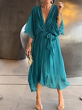 cheap Cocktail Dress-Women&#039;s Chiffon Dress Maxi Dress Chiffon Lace up Ruffle Party Wedding Guest Date Elegant Streetwear V Neck 3/4 Length Sleeve White Blue Green Color
