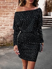 levne Bodycon Club Dresses-Dámské Flitrové šaty Plášťové šaty Flitry Pod rameny Nahoře nabírané Dlouhý rukáv Mini šaty Svatební host Koktejlový večírek Elegantní stylové Stříbrná Černá Léto Jaro