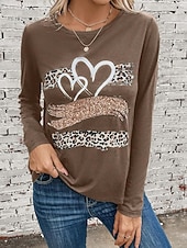 cheap Art&amp;Design tee-Women&#039;s T Shirt Casual Heart Print Long Sleeve Regular Tops Crew Neck Daily Brown Spring Fall