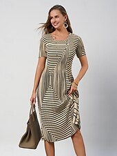 billige Blomstrete kjoler-Dame Midikjole Skiftkjole Elegant Fritid Arbeid Daglig Løstsittende Stripe Kortermet Crew-hals Svart Kakifarget Sommer