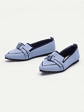 billige Flate sko til kvinner-kvinners blå strikkede, spisse tåflater med sløyfe – komfortable slip-on loafers for fritidsbruk og hverdagsbruk