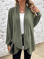 cheap Cardigans &amp; Outerwears-Women&#039;s Cardigan Coat Daily Solid Color Ribbed Open Front Knitted Long Sleeve Regular Tops Knit Daily Blue Purple Spring Fall