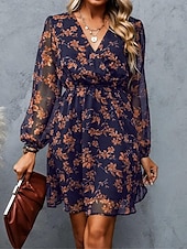 preiswerte Elegante Blumenkleider-Damen Freizeitkleid formelles Kleid Blumendruck V-Ausschnitt Minikleid stilvoll lässig täglich Date Langarm Sommer