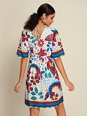 abordables Vestidos florales-Mujer Vestido Estampado Mini vestido Blanco Media Manga Flores Estilo Floral Estampado Verano Escote en Pico Vestidos XS S M