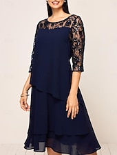 preiswerte abendkleider-Damen Dunkelmarine Sommer Frühling Midikleid A Linie Kleid Elegant Hochzeitsgast Cocktailparty Lässiger Schnitt Einfach Rundhalsausschnitt