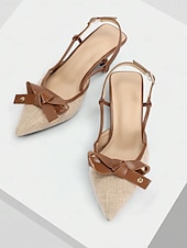 abordables tacones kitten-Tacones con punta en punta para mujer: zapatos de tacón de gatito de cuero marrón y lona beige con detalle de lazo, perfectos para la oficina, fiestas y ropa informal.
