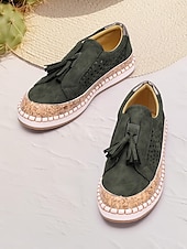 levne Dámské tenisky-dámské ležérní střapcové mokasíny – modré semišové slip-on boty s perforovaným designem a korkovou podrážkou, pohodlné na léto i každodenní nošení
