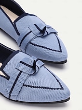 billige Flate sko til kvinner-kvinners blå strikkede, spisse tåflater med sløyfe – komfortable slip-on loafers for fritidsbruk og hverdagsbruk