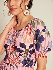 levne Květinové šaty-Dámské Elegantní šaty Midi šaty Světlá růžová Krátký rukáv Květinový Šňůrky Jaro léto Šněrování na krku Elegantní šaty Rande S M L