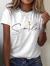 cheap Humor&amp;Quotes tee-Women&#039;s T Shirt Daisy Basic Short Sleeve Round Neck Regular Tops Casual Weekend Print Black White Yellow Pink Navy Blue