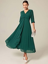 cheap Cocktail Dress-Women&#039;s Midi Dress Green Solid Color V-Neck Half Sleeve Ruffled Sophisticated Chic Zip-Back Summer Semi-Formal Wedding Party Evening Elegant Flowy Lightweight Apparel