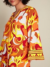 economico abito casual stampato-Abito midi con scollo a V e maniche a 3/4 con cravatta in raso sul davanti