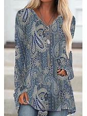 tanie T-shirt boho-Damskie Normalny Tunika Graficzny Geometryczny Plemienny Zabytkowe Zachodni Etniczne Długi rękaw W serek Długie topy Urlop Impreza Codzienny Niejednolita całość Nadruk Brudny błękit Na każdy sezon