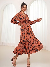 ieftine Rochii de Vacanță-rochie maxi dama cu volane florale talie elastica cu decolteu in V eleganta casual zilnic cu maneca lunga primavara toamna