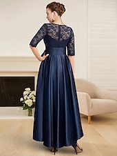 economico Lunghezza del tè-Abito A-Line da Madre della Sposa Abito da Sposa Elegante Alto Basso Collo a Gioiello Lungo fino al tè in Raso Pizzo Maniche Half con Nastro di Pizzo taglia personalizzata gratuita
