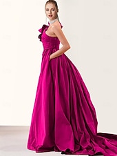 abordables ROUGE-Robe de soirée en A style célébrité robe formelle cravate noire traîne de chapelle sans manches une épaule taffetas avec fente plissée