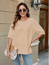 abordables Chemises-Femmes Chemise Chemises inspirées du lin Couleur Unie Fleuri Occasionnel Boho Manche 3/4 Manches au coude Col ras du cou Hauts Réguliers Vacances Soirée Quotidien Broderie Blanche Jaune Kaki Automne