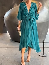 cheap Cocktail Dress-Women&#039;s Chiffon Dress Maxi Dress Chiffon Lace up Ruffle Party Wedding Guest Date Elegant Streetwear V Neck 3/4 Length Sleeve White Blue Green Color