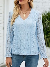 abordables Hauts en dentelle-Hauts en dentelle élégants pour femmes Blouse en œillets Élégant Haut en dentelle uni à manches lanternes à manches longues col en V Hauts romantiques petits pour l&#039;été Vacances de l&#039;été Rose Bleu