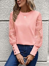 cheap Lace Tops-Women&#039;s White Elegant Lace Tops Eyelet Blouse Dressy Tops Elegant Lace Buttons Long Sleeve Crew Neck Daily Romantic Petite Tops Summer Holiday Wear Pink Khaki Summer Semi Formal Blouses
