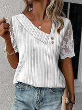 Women's White Elegant Lace Tops Eyelet Blouse Dressy Tops Lace Buttons Short Sleeve Asymmetrical Daily Romantic Petite Tops Summer Holiday Wear White Pink Blue Semi Formal Blouses 7