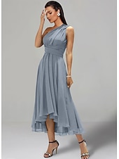 abordables Robes pour invitées de mariage-Robes de Mariage Invité A-Line Robe Élégante Formelle Fête de Mariage Longueur Thé Sans Manches Une Épaule Invité de Mariage Automne Chiffon avec Fronces 2025