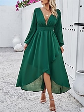 voordelige Chiffon Jurken-Dames Maxi-jurk Casual jurk Cocktail jurk Bruiloft gast jurk Chiffon jurk Elegant Maxi Casual Werk Straat Feestdagen Normale pasvorm Lange mouw V-hals Zwart Rood Marineblauw Groen Herfst