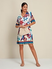 abordables Vestidos florales-Mujer Vestido Estampado Mini vestido Blanco Media Manga Flores Estilo Floral Estampado Verano Escote en Pico Vestidos XS S M