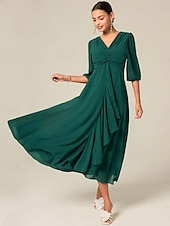 cheap Cocktail Dress-Women&#039;s Midi Dress Green Solid Color V-Neck Half Sleeve Ruffled Sophisticated Chic Zip-Back Summer Semi-Formal Wedding Party Evening Elegant Flowy Lightweight Apparel