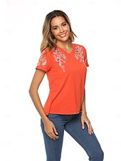 billige Blomster t-skjorte-Thanksgiving Day Dame Boho T-skjorte Blomstret Bohem Fritid Kortermet Lanterne Erme V-hals Lange topper Daglig Ut på byen Helg Gul Oransje Vår