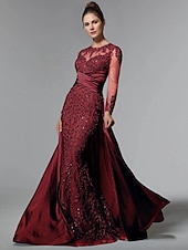 economico BLU-Abito da festa sirena Madre della Sposa Abito Ospite di matrimonio Elegante Collo gioiello Treno a strascico  spazzola Stretch raso Manica lunga con pizzo paillettes arricciato per impressionare 2025