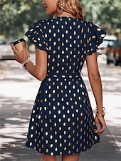 abordables Robes de travail-robe décontractée pour femme à pois, fermeture éclair, imprimé, col en V, mini robe élégante, décontractée, rendez-vous quotidien, manches courtes, été