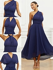 abordables Robes de vacances-Robe Trapèze Femme Robe mi-longue Ruché Ceinturé robe demoiselle d honneur Soirée Cocktail Elégant Grande occasion Une Epaule Sans Manches Ample bleu marine S M L XL 2XL