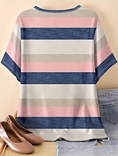 cheap Stripe&amp;Geometric tee-Women&#039;s T Shirt Basic Casual Color Block Striped Print Short Sleeve Regular Tops V Neck Daily Weekend Pink Summer