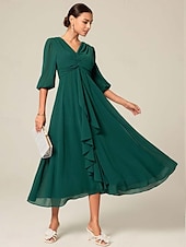 cheap Cocktail Dress-Women&#039;s Midi Dress Green Solid Color V-Neck Half Sleeve Ruffled Sophisticated Chic Zip-Back Summer Semi-Formal Wedding Party Evening Elegant Flowy Lightweight Apparel