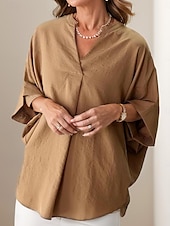 billige Kvinnenes arbeids topper-damebluse elegant stilig ensfarget rynket flaggermus-erm 3/4 lengde erme med hakk i halsen arbeid daglig hvit marineblå brun brun grønn sommer vår høst