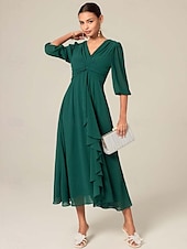 cheap Cocktail Dress-Women&#039;s Midi Dress Green Solid Color V-Neck Half Sleeve Ruffled Sophisticated Chic Zip-Back Summer Semi-Formal Wedding Party Evening Elegant Flowy Lightweight Apparel
