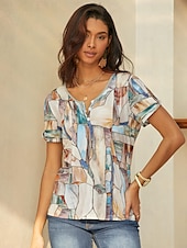 Χαμηλού Κόστους Boho t-shirt-Γυναικεία Μπλουζάκι Γραφική Βασικό Κοντομάνικο Λαιμόκοψη V Κανονικά μπλουζάκια Καθημερινά Σαββατοκύριακο Κουμπιά Με κοψίματα Στάμπα Θαλασσί Πράσινο του τριφυλλιού Χακί