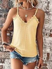 baratos Camisolas &amp; Baby Dolls de mulher-Camiseta regata feminina branca amarela rosa lisa com corte de renda moda de rua ajuste regular S