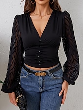 voordelige Elegante topjes-Overhemd Blouse Dames Zwart Effen Netstof Straat Dagelijks Modieus V-hals Normale pasvorm S