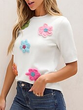 billige Hvit t-skjorte-kvinners t-skjorte tilfeldig blomstertrykk kortermet lange topper v-hals daglig hvit gul sommer