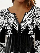 billige Boho t-skjorte-Kvinners Tunika T Skjorte Grafisk Elegant Retro 3/4 Lengde Ermer Notched Hals Vanlige Topper Daglig Utgående Volang Knapper Svart Vår Høst
