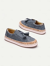 levne Dámské tenisky-dámské ležérní střapcové mokasíny – modré semišové slip-on boty s perforovaným designem a korkovou podrážkou, pohodlné na léto i každodenní nošení