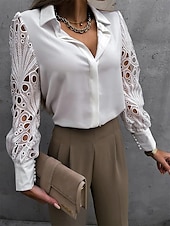 economico Top eleganti-Per donna Camicia Top eleganti Tinta unica Liscio Moda Moderno Manica lunga Rimborsate Colletto Ufficio Pizzo Occhiello Nero Bianco Estate Primavera Autunno