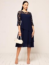 preiswerte abendkleider-Damen Dunkelmarine Sommer Frühling Midikleid A Linie Kleid Elegant Hochzeitsgast Cocktailparty Lässiger Schnitt Einfach Rundhalsausschnitt