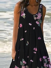 billiga Blommiga klänningar-Kvinnors Mini Klänning Petite Klänning Sommarklänning Skift Klänning Volang Klänning Semester Avslappnad Utomhus Semester Dags Regular Fit Blommig Ärmlös U-Hals Blå Lila Fuchsia Grön Sommar Vår