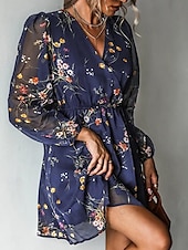 preiswerte Elegante Blumenkleider-Damen Freizeitkleid formelles Kleid Blumendruck V-Ausschnitt Minikleid stilvoll lässig täglich Date Langarm Sommer