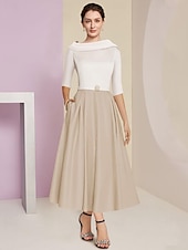 economico Mom&#039;s Dress Sets-Beach Wedding A-Line Mother of the Bride Dress Wedding Guest Elegant Vintage Jewel Neck Tea Length Charmeuse Half Sleeve with Pleats Crystals free custom size